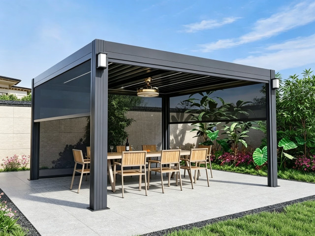 Custom aluminium pergola Melbourne outdoor living design with louvred roof and dining area.